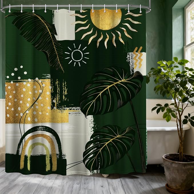 Green and Gold Mid Century Modern Shower Curtain Bohemian Abstract Shower Curtains for Bathroom Decor Sets, Waterproof Cloth Fabric with Hooks, 60x72 Inch