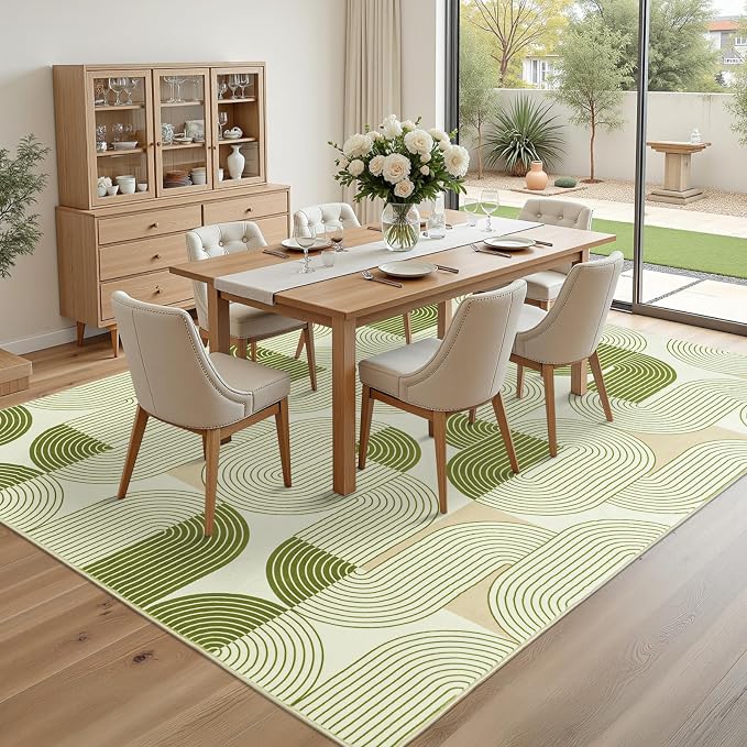 Rugs for Living Room, Soft Green Area Rug for Bedroom 6x9, Washable Mid Century Modern Rug, Non Slip Indoor Floor Boho Low Pile Abstract Carpet for Dining Room Nursery Office Home