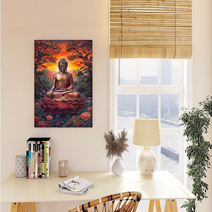 Golden Buddha on lotus seat serene meditation statue amidst lush trees flowing water and sunrise light spiritual home art for a tranquil decor 16x24in Wood Framed
