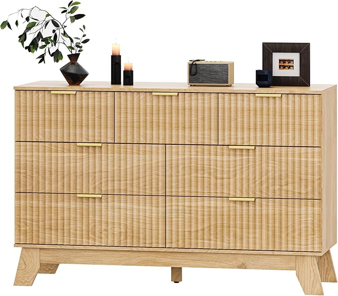 HUANLEGO Fluted Dresser for Bedroom with 7 Drawer, Mid Century Modern Chest of Drawers, 48" Wide Natural Wood Dresser for Closet, Wooden Boho Chest Closet Storage TV Stand for Bedroom, Nature