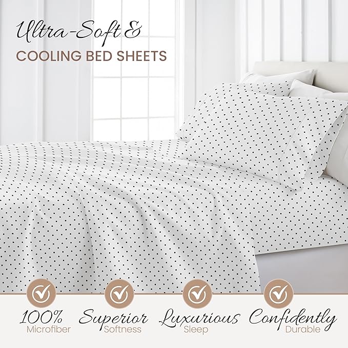 Linen Market Patterned Microfiber King Sheet Set 4 Piece – Oeko-TEX Certified Ultra Soft & Wrinkle-Free - 16" Deep Pocket Sheets - Easy Care King Size - Dots Navy