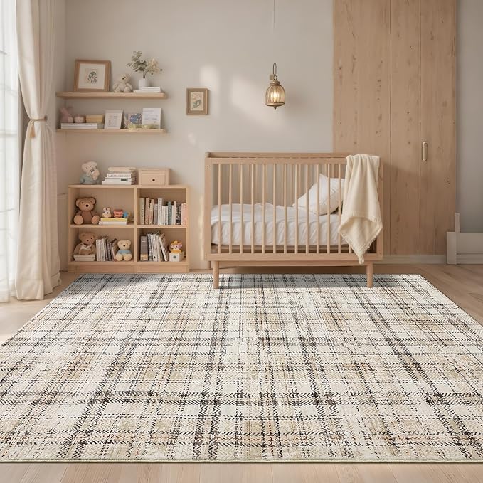 Washable Area Rug 6x9 Rug for Living Room Soft Bedroom Rug Modern Plaid Beige Rugs Non Slip Throw Rugs Non Shedding Stain Resistant Carpet for Nursery Dining Room Office 6'x9' Beige