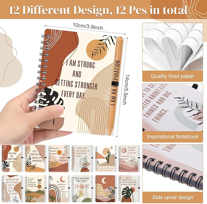 Kosiz 24 Pcs/12 Set Positive Affirmation Gifts Gratitude Spiral Notebooks with Pens Motivational Encouragement Notepads Daily Affirmations Journal for Women Valentine Galentine Gifts (Boho)