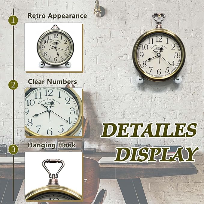 Oxmidud 5'' Retro Vintage Metal Desk Alarm Clock - Non-Ticking Silent Analog Table Clocks - Battery Operated Quartz Clock for Bedside Desk Table Bedrooms Living Room Home Office Decor