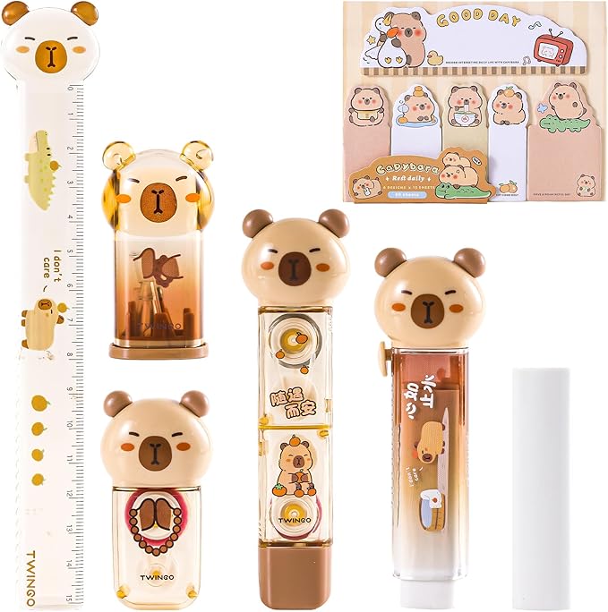 Kogcmeetl 7 Pcs Cute Capybara Stationary Set Kawaii School Supplies Japanese Stationery, Includes Pencil Sharpener, Eraser, Correction Tape, Glue Tape, Sticky Notes, Ruler, for Office School Supplies