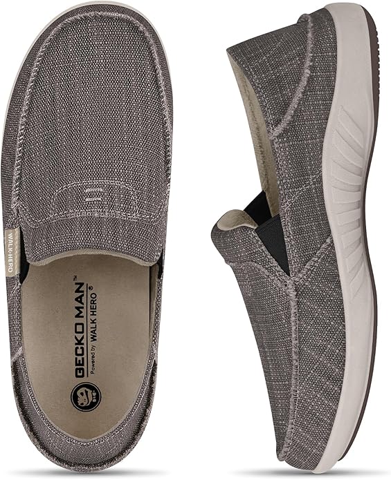 Mens Slip On Shoes, Canvas Mens Loafers with Arch Support, Orthopedic Mens Boat Shoes for Plantar Fasciitis, Indoor & Outdoor Walking Slippers Shoes for Pain Relief