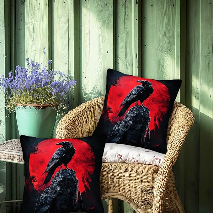 Raven Throw Pillow Covers Set of 2 | 18x18 Inches Cushion Cases for Couch, Sofa, Bedroom and Living Room | Gothic Pillowcases for Home Decoration