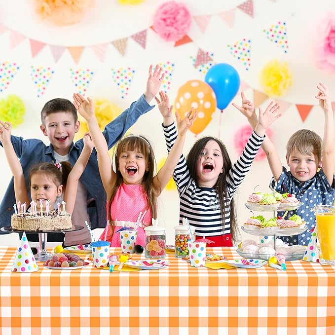 WNINK 6 Pack Orange and White Checkered Rectangular Plastic Tablecloths, Orange Gingham Waterproof Disposable Table Covers 54" x 108" for Birthday, Wedding, Outdoor Picnic Camping Parties