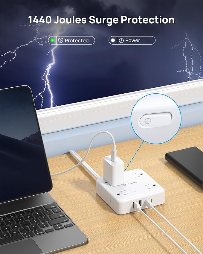 TROND 360° Rotating Plug Power Strip, 3FT Flat Extension Cord with Multiple Outlets 4 USB (2 USB C), Wall Mount Surge Protector 1440 Joules for Home Office Travel Dorm Room Essentials, White