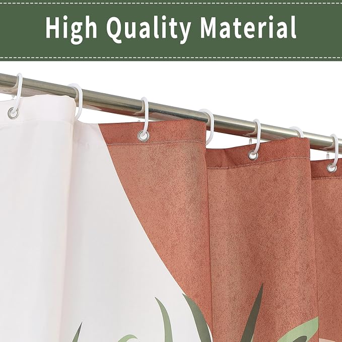 Boho Mid Century Shower Curtain, Brown Modern Minimalist Abstract Geometric Green Gold Plant Leaves Sun Arch Bathroom Curtains Waterproof Fabric Buthtub Curtain Set with Hooks 72" Wx72 L