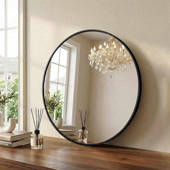 Sweetcrispy Round Bathroom Mirror for Over Sink, 28 Inch Wall Mounted Vanity Mirror with Matte Metal Frame, Decor for Bathroom, Entryway, Bedroom, Black