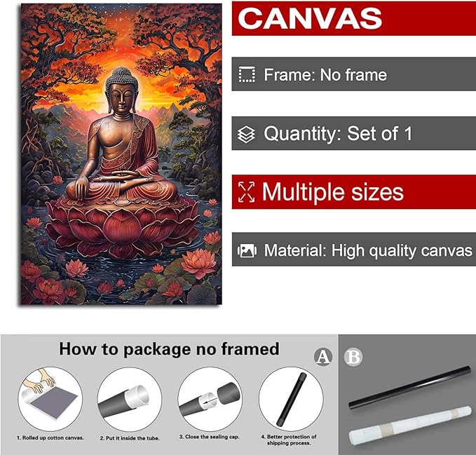 Golden Buddha on lotus seat serene meditation statue amidst lush trees flowing water and sunrise light spiritual home art for a tranquil decor 24x36in Frameless