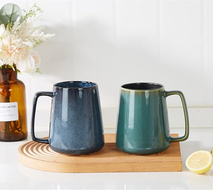 HYTYSKAR 24 OZ Extra Large Ceramic Coffee Mug, with Spoon and Wooden Lid, Big Tea Cups with a Large Handle for Office and Home, Microwave and Dishwasher Safe (24 oz Green Set)