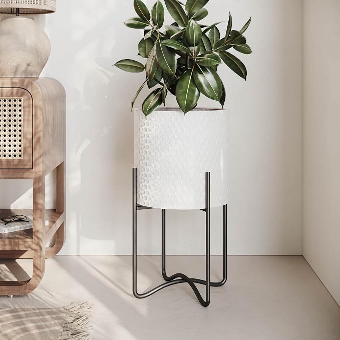 EverNest Claire Mid-Century Modern White Plant Pot with Ambrose Stand, SelectBase, Indoor Plant Pot, Bohemian Style, Minimalist Plant Home Décor (Medium, Black)