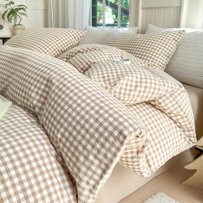 LifeTB Tan Gingham Comforter Set King Modern Style Beige Plaid Comforter Set 3 Pieces Soft Fluffy Grid Checkered Pattern Comforter with 2 Pillowcases Farmhouse Gingham Plaid Bedding Set King