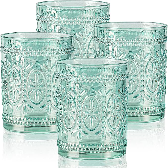 abrwyy Glassware set of 4, Vintage Drinking Glasses, 10oz Heavy Duty Glass Cups, Colored Glassware Set, Embossed Glasses Set for Party Wedding Home Office Glassesware Gift