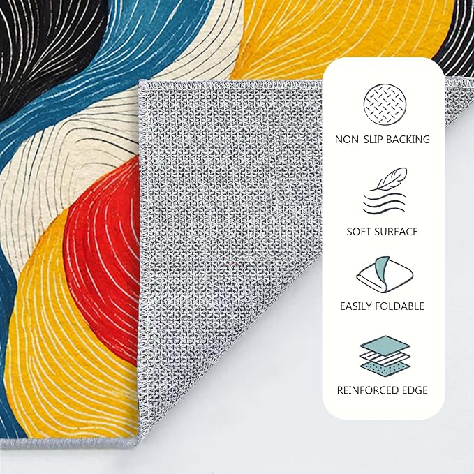 8x10 Colorful Area Rug Modern Abstract Black White Blue Beige Red Yellow Bedroom Rug Soft Low Pile Thin Large Carpet Living Room Non Slip Dining Room Stain Resistant Office Washable Machine