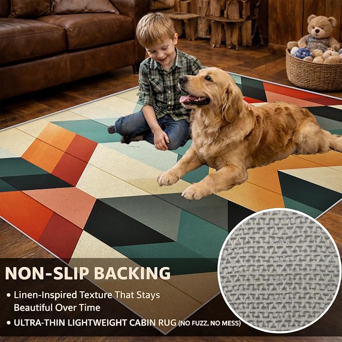 Mid Century Modern Area Rug 4x4, Washable Non-Slip Low Pile Abstract Geometric Carpet for Living Room Bedroom Home Office, Retro Contemporary Accent Rug in Teal Orange Cream Black