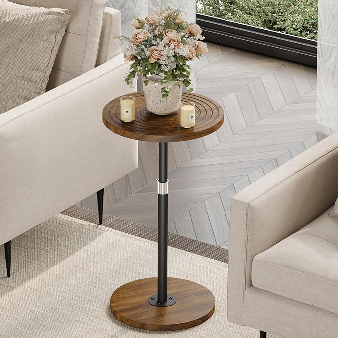 Round Side Table, Adjustable-Height Small Drink Table, Pedestal Martini Stand, Weighted Base Cocktail Table Accent Nightstand for Living Room, Bedroom, Bathroom, Office, Walnut