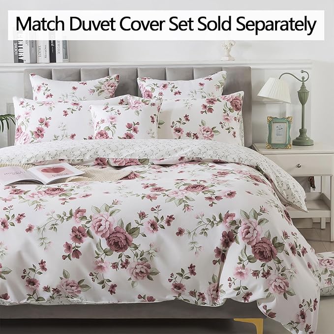 FADFAY Beige Vintage Floral Full Size Sheets Set Premium 100% Cotton Shabby Brick Red Rose Pattern Bedding Set Deep Pocket Sheets with 2 Pillowcases Luxury Breathable Soft 4Pcs, Full Size