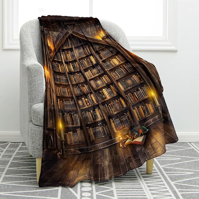 Jekeno Vintage Books Cat Bookshelf Blanket Gifts for Women Men Kids Girls Boys Husband Dad Halloween Birthday Christmas Library Bookcase Candle Decor Bedroom Study Classroom Living Room Throw 50"x60"
