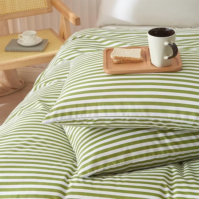 LifeTB King Size Comforter Set Modern Striped Comforter Set King Green White Stripes Pattern Comforter 3 Pieces Lightweight Bedding Comforter Set Boho Stripe Soft Fluffy Comforter with 2 Pillowcases