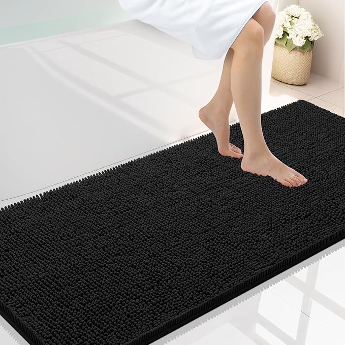 Smiry Luxury Chenille Bathroom Rugs 59x24, Extra Soft and Absorbent Shaggy Bath Mat, Machine Washable, Non-Slip Plush Carpet Runner for Tub, Shower, and Floor, Home Decor Accessories, Black