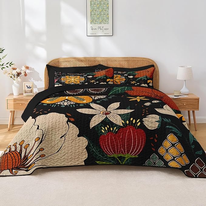 Quilt Set Twin Size, Black Tropical Floral 2 Pcs Soft Bed Cover Bedding Set, Farmhouse Botanical Lightweight Bedspread Coverlet with Pillow Sham for All Season