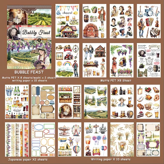 Snycler Sticker Book - 20 Sheets Vintage PET Stickers for Scrapbooking, Junk Journaling, Ephemera, and Decorative Crafts-Bubbly Feast