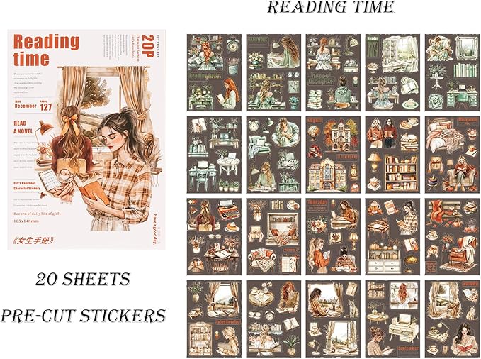 Auguro Scrapbooking Sticker 20 Sheets 120 Pre-Cut PET Girls Read Stickers People Sticker Books for journaling Scrapbook Supplies Transparent Stickers for journaling