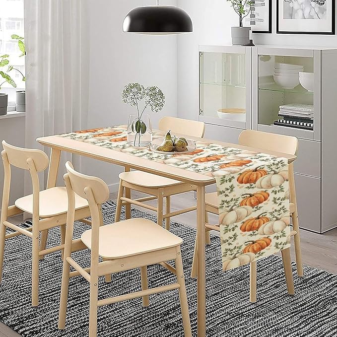 Fall Pumpkin Table Runner White Orange Vegetables Seeds Parsley Watercolor Hand-Painted Illustration Home Decor for Farmhouse Indoor Outdoor Party Holiday Dining Kitchen Restaurant Cafe W13xL36in
