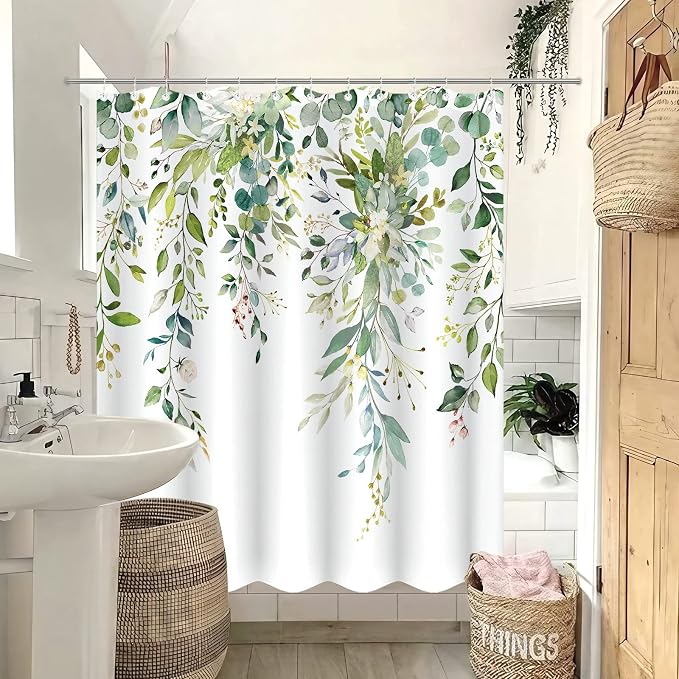 Green Eucalyptus Shower Curtain Watercolor Floral Plant Leaf Shower Curtains for Bathroom Sage Botanical Flower Waterproof Fabric Bath Curtain Decor with Hooks (Green, 72'' x 72'')
