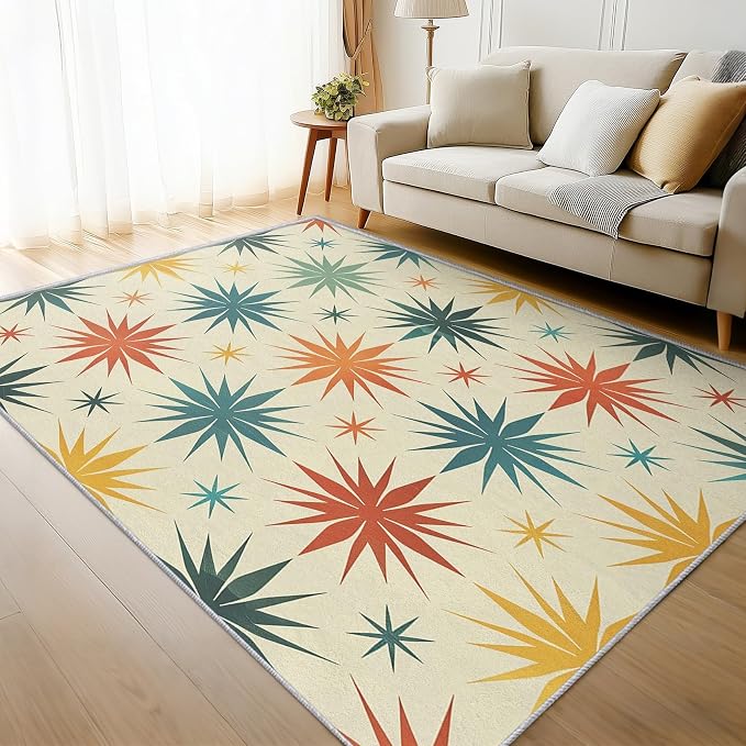 Retro Atomic Rugs for Living Room Decor, 5x8 ft, Mid Century Modern Area Rugs for Bedroom, Soft Non Slip Washable 50s Abstract Geometric Carpet Home Decorations D-g48