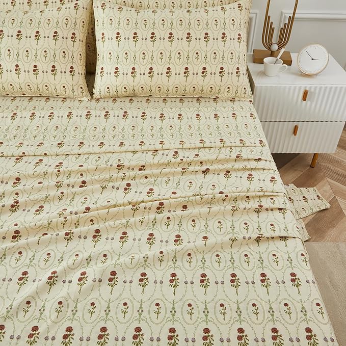 FADFAY Twin XL Size 100% Cotton Beige Bed Sheets Set Elegant Red Rose Floral Pattern, Soft and Luxurious Shabby Vintage French Country Bedding, 4 Pieces Deep Pocket Fitted Sheet, Twin Extra Long