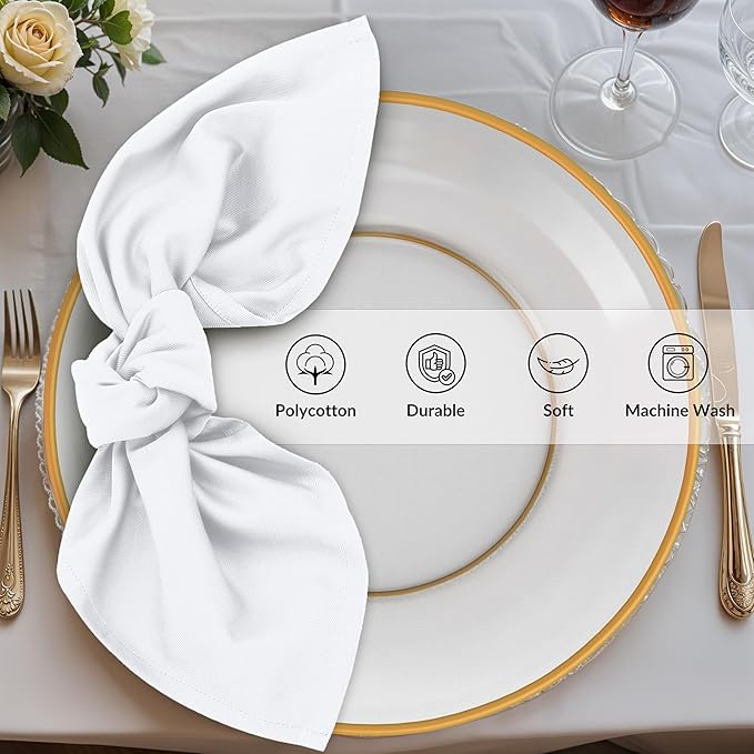 Zoyer Cloth Napkins Set of 12, 18x18 Inches Cotton Enrich Napkins Cloth ‎Washable, Soft & Durable Dinner Napkins for Parties, Wedding, Christmas, ‎Thanksgiving & Everyday Use - White