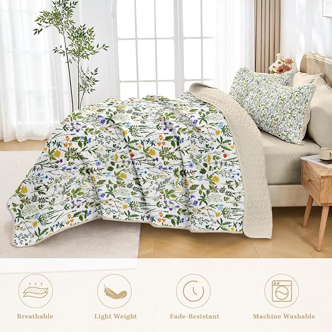 Quilt Set Twin Size, Garden Floral 2 Pcs Soft Bed Cover Bedding Set, Country Rustic Farmhouse Lightweight Bedspread Coverlet with Pillow Sham for All Season