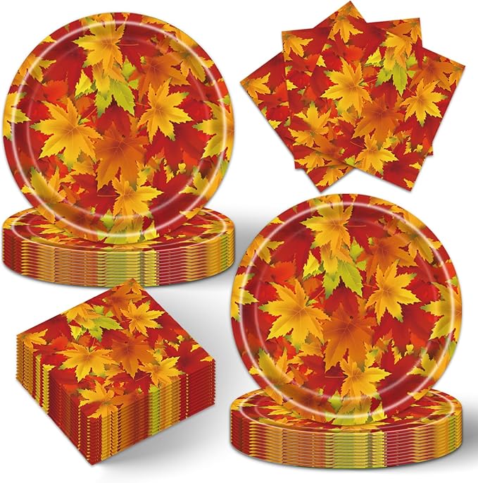 40Pcs Thanksgiving Day Party Supplies for 20 Guests - Fall Leaves Thanksgiving Day Autumn Plates and Napkins for Baby Shower Harvest Birthday Party Decorations