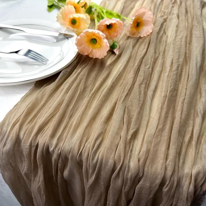 Booque Valley Nude Cheesecloth Table Runner 120 Inch 10ft Super Soft Boho Wrinkled Gauze Sheer Cloth for Baby Shower Birthday Bridal Shower Wedding Centerpiece Table Decoration, 1 Pack , Tan