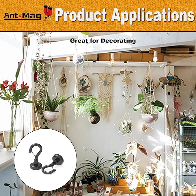 Ant Mag Black Magnetic Hooks Heavy Duty with Snap 22lbs Strong Magnet Hooks Great Hanging for Refrigerator, Cruise Cabin, Grill, Wreath,Kitchen,Office 16 Pack