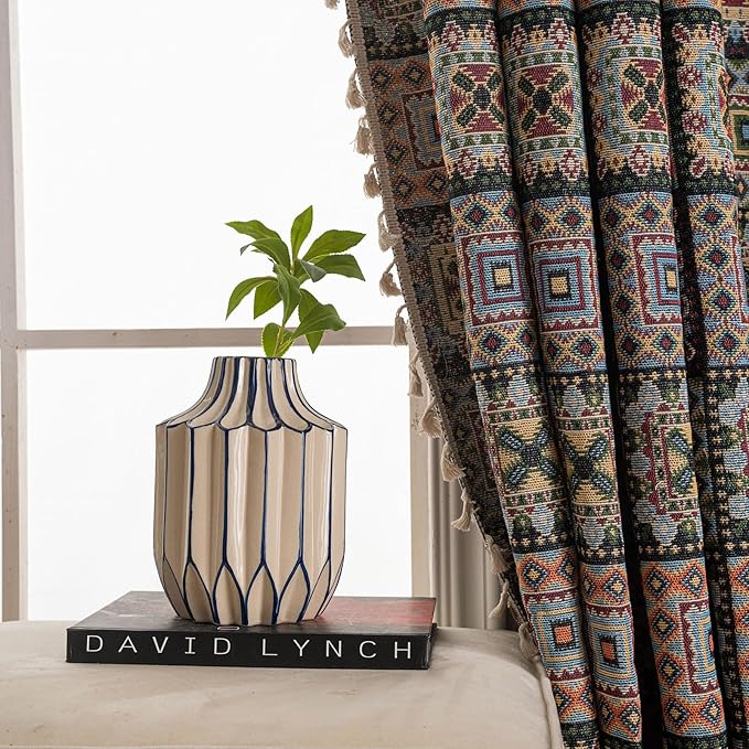 ENJOYBRIDAL Patchwork 96 Inch Curtains for Bedroom Living Room Drapes Jacquard Bohemian Semi Sheer Long Window Curtains 2 Panel Sets Vintage Geometric Black Rod Pocket Boho Window Treatments