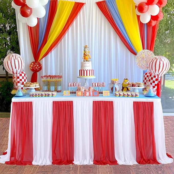 Circus Table Skirt Red White Striped Tulle Table Skirts for Rectangle Table Birthday Carnival Circus Party Decorations 9ft