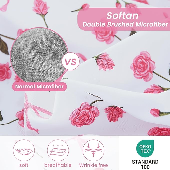 Softan Pink Floral King Bed Sheets, Cozy Microfiber Flower Printed Sheets with 15" Deep Pocket Fitted Sheet & Non-Slip Straps, Patterned Pink Rose - Bow Sheets & Pillowcase Set