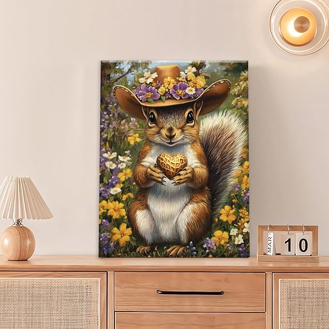 Western Squirrel Wall Art, Squirrel Peanut Pictures Wall Decor, Country Rustic Animal Canvas Prints, Forest Flower Painting, Framed Artwork for Bathroom Living Room Bedroom Dining Room 24"X20"