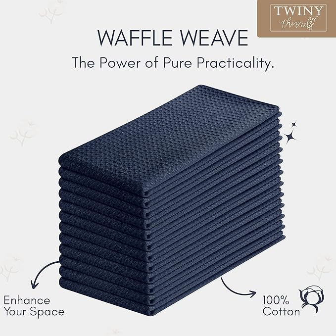 TWINY threads Waffle Kitchen Towel Set of 6, 16x26 Inches, Premium Large 100% Cotton Dishcloths with Hanging Loop, Absorbent, Quick Drying Cloths for Drying Dishes, Washable, Reusable, Navy Blue