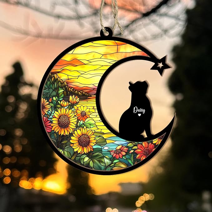 Personalized Cat Memorial Suncatcher – Custom Name & Cat Silhouette with Sunflower Background, Pet Loss Sympathy Gift, Memorial Keepsake for Cat Lovers (Up to 3 Pets)