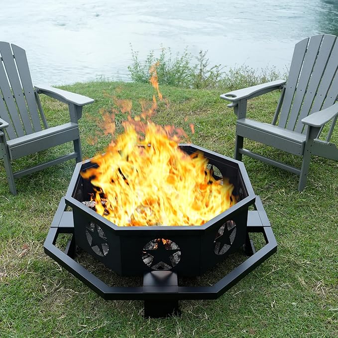 Auhilence 45 inch Large Fire Pit, Outdoor Fire Pit with Heavy Duty Construction, Wood Burning Fire Pits for Outside Octagonal Firepit for Camping, Backyard, Patio, Black