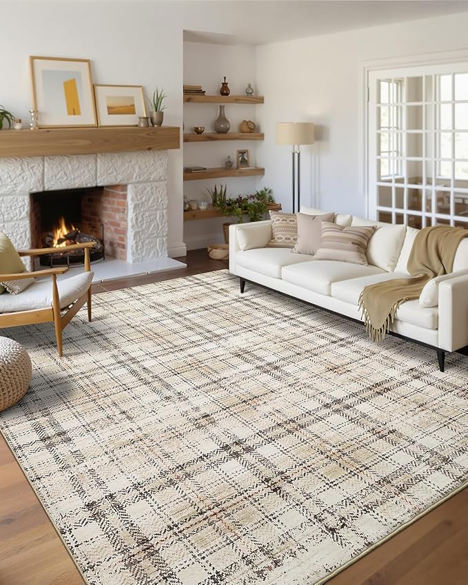 Washable Area Rug 6x9 Rug for Living Room Soft Bedroom Rug Modern Plaid Beige Rugs Non Slip Throw Rugs Non Shedding Stain Resistant Carpet for Nursery Dining Room Office 6'x9' Beige