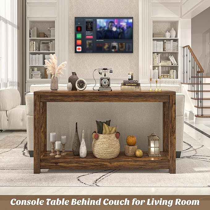 47" Farmhouse Wood Entryway Table Narrow Console Table with Storage Behind Couch Sofa Table with Shelves Entry Way Table with Open Storage, Easy Assembly, Rustic Brown