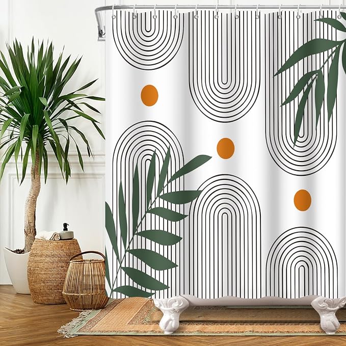 Boho Mid Century Shower Curtain Bohemian Minimalist Geometric Arch Sun Bathroom Curtain Sage Green Plant Polyester Shower Curtain Sets for Bathroom Extra Long 60x72 in with 10 Hooks