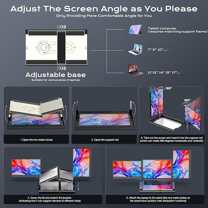 SMISEACOW Laptop Screen Extender F3, Triple Portable Monitor 14-inch 360 Degrees Rotation with Stand, IPS FHD 1080P Workstation for Windows/Mac/Linux/Chrome Compatible with Notebook/Mini PC